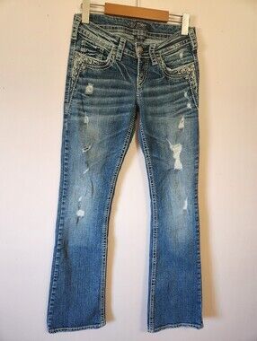 Silver Jeans Co Tuesday Low Boot Distressed Embellished Y2K Western Denim 25